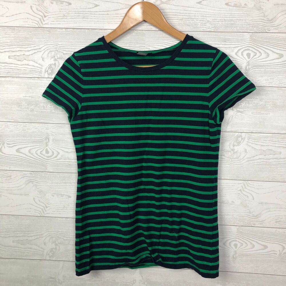 Ann Taylor Women's Large Striped Short Sleeve Tee Shirt Green Navy Blue Casual